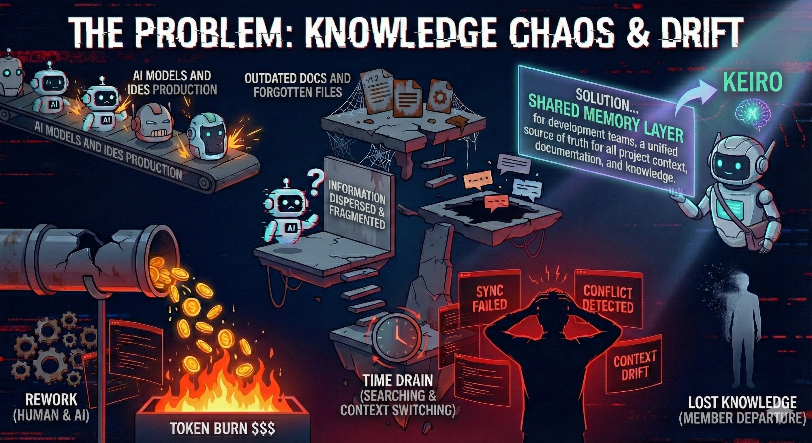KEIRO solves the problem of scattered knowledge across development teams - visualization of disconnected tools, fragmented information, and knowledge silos
